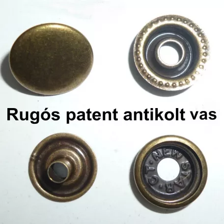 Rugós patent 15 mm  vas anyagú, ezüst, antik black nikkel színű (100 szett/csomag)