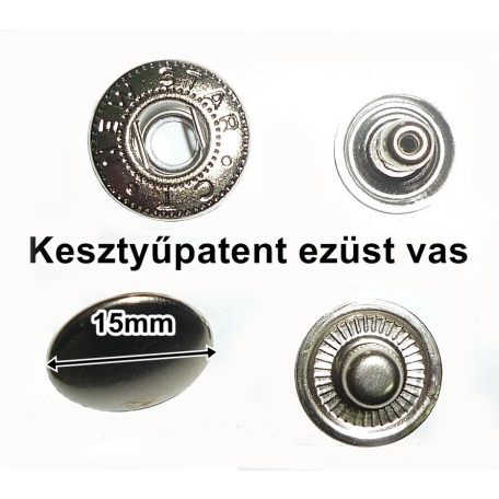 Kesztyűpatent vas, 15 mm ezüst színű ( 100 szett/csomag) 