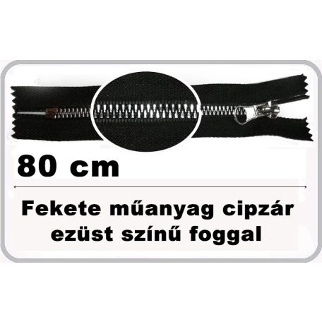 Műanyag cipzár 80 cm  bontható. Fém hatású elegáns műanyag fog ,  arany vagy ezüst foggal.  