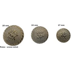   Díszgomb arany színű, pajzs mintával. Választható méret:  25 mm - 22 mm - 17 mm .10 db /csomag