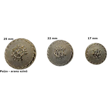 Díszgomb arany színű, pajzs mintával. Választható méret:  25 mm - 22 mm - 17 mm .10 db /csomag