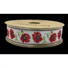 Szövött szalag pipacsos 32 mm, fehér alapon piros. (25 méteres)