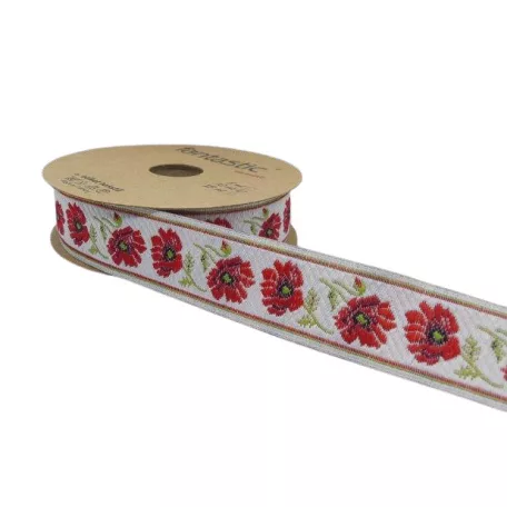 Szövött szalag pipacsos 32 mm, fehér alapon piros. (25 méteres)