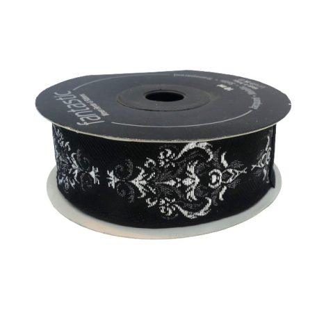 Fekete szalag ezüst lurex mintával 25 mm x 10 méter. Bordűr. Egyházi Szalag.