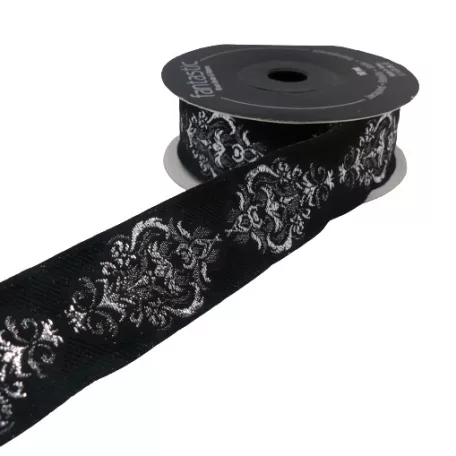 Fekete szalag ezüst lurex mintával 25 mm x 10 méter. Bordűr. Egyházi Szalag.