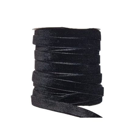 Rugalmas bársony szalag 10 mm,  fekete színben 5 méter/ tekercs . Díszítő, szegőszalag. Velvet. (MH)