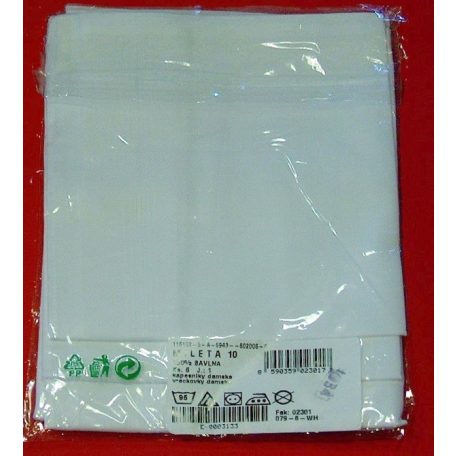 Férfi zsebkendő, fehér, 100 % pamut, 6 db/csomag, 40 x40 cm.(6 db/cs) ETEX /Mileta