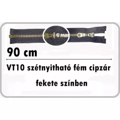   Fémcipzár 90 cm VT10 fekete szétnyitható húzózár, antikolt réz fogú.
