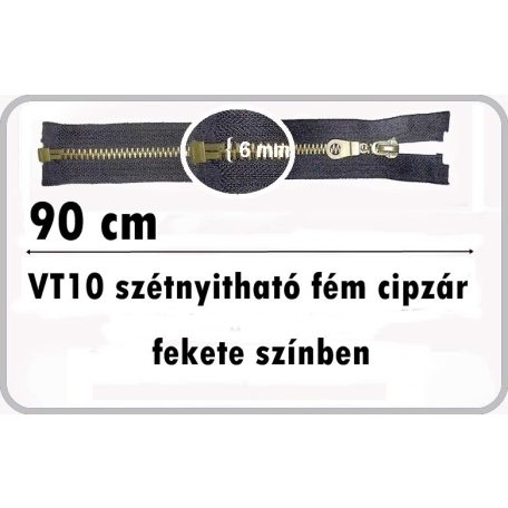 Fémcipzár 90 cm VT10 fekete szétnyitható húzózár, antikolt réz fogú.