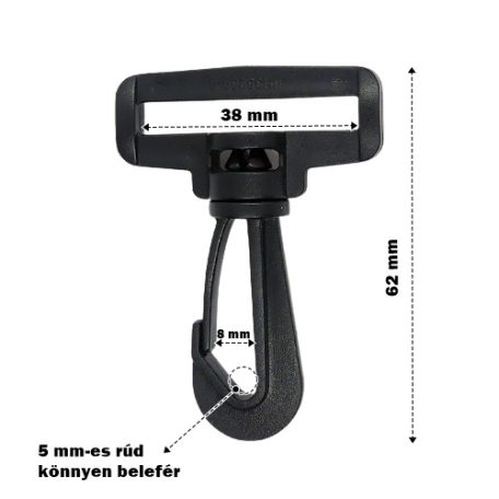 Műanyag karabiner 40 mm bújtatóval. Táskához, övekhez, hevederekhez Kiszerelés: 10 db/csomag