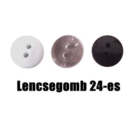 Lencsegomb 24-es (15 mm) fehér, fekete, átlátszó,  lapos, kétlyukú , műanyag gomb (100 db-os)