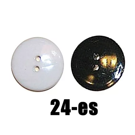 Lencsegomb 24-es (15 mm) fehér, fekete, átlátszó,  lapos, kétlyukú , műanyag gomb (100 db-os)