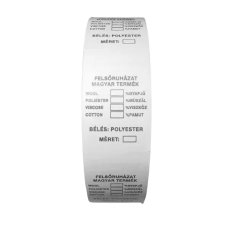 Bevarrható címke, kétoldalas, beírható összetételek % és méret. Felsőruházat béléssel, kosztüm, zakó. 100 db