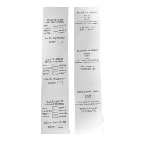 Bevarrható címke, kétoldalas, beírható összetételek % és méret. Felsőruházat béléssel, kosztüm, zakó. 100 db
