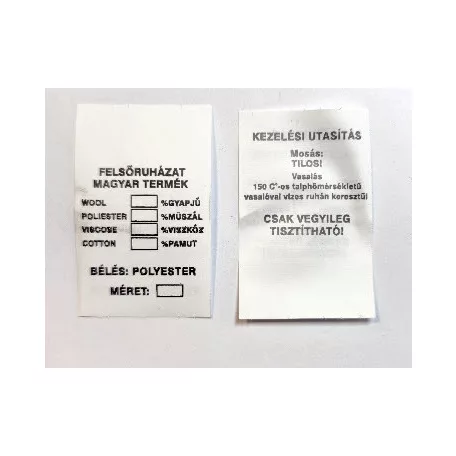 Bevarrható címke, kétoldalas, beírható összetételek % és méret. Felsőruházat béléssel, kosztüm, zakó. 100 db