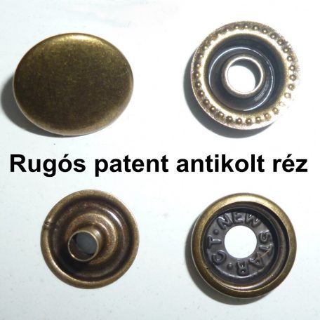 Rugós patent 15 mm réz anyagú,  nikkel ezüst, antikolt réz, black nikkel színű (100 szett/csomag)