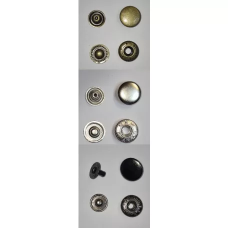 Kesztyűpatent 12,5 mm réz anyagú, nikkel ezüst, antikolt réz, black nikkel , (720 szett/csomag)