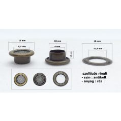   Ringli karika, szellőzős, hálós, réz alapú, antikolt réz színben.  100 szett /csomag. Sapkába, dzsekibe, sport felszerelésbe.