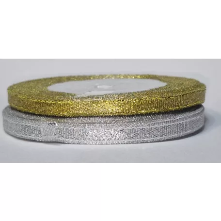 Lurex szalag 25 mm, arany vagy ezüst, díszítő vagy kötöző szalag.  25 méter/orsó