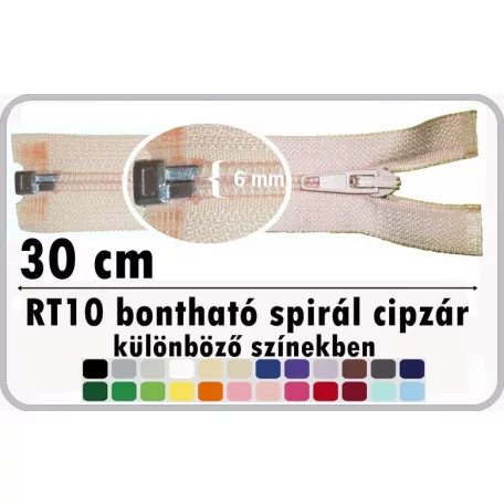 RT10 bontható, 30 cm-es spirál cipzár, több színben, 150 Ft / db