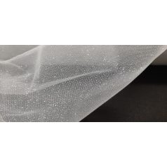   Csillámos tüll anyag fehér, ezüst csillámokkal, 150 cm szélességű méteráru. 2 métertől. 