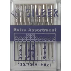   Háztartási varrógéptű, SILBER EXTRA ASSORTMENT vegyes tűméretek. Praktikus. (10 db/levél)
