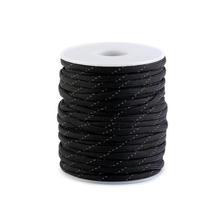 Fényvisszaverős paracord zsinór 4 mm, fekete színben. 25 m/orsó. Kapucni zsinór.