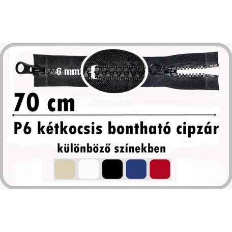 P6 kétkocsis 70 cm-es cipzár többféle színben.  "autós cipzár"