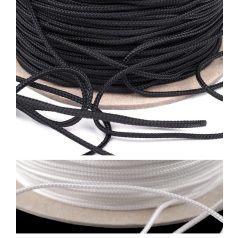   Műszaki redőnyzsinór 1,6 mm , fehér vagy fekete színben. Hengeres  PES zsinór. 100 m/orsó . Rolókhoz is. 