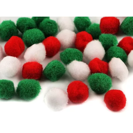 Pompon 20 mm mix csomag , zsenilia golyó, 70 db / csomag . Díszítő kellék : piros-fehér-zöld. Karácsonyi vagy nemzeti színű kellék
