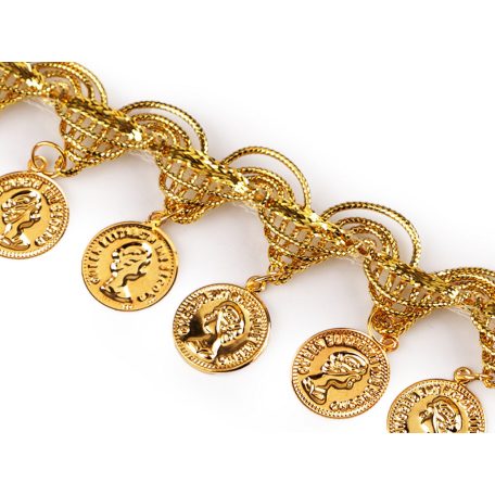 Hastánc paszomány csörgő érmékkel. Leoni arany lurex szalagon. Shakira jelmez. 38 mm csörgő. 40,5 m