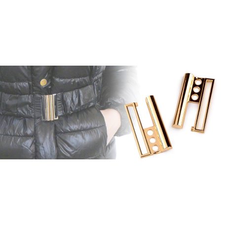 Fém csat 50 mm -es bújtatóval , arany színben színben. 1 pár. Fürdőruha vagy kabát övcsat.