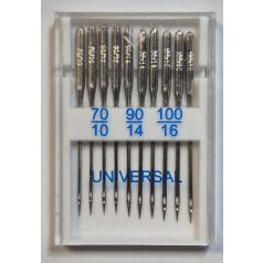   Háztartási varrógéptű UNIVERSAL, hegyes tűk. Méretek: 70-90-100 méretek. 10 db/levél. Arka.