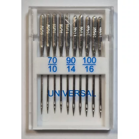Háztartási varrógéptű UNIVERSAL, hegyes tűk. Méretek: 70-90-100 méretek. 10 db/levél. Arka.