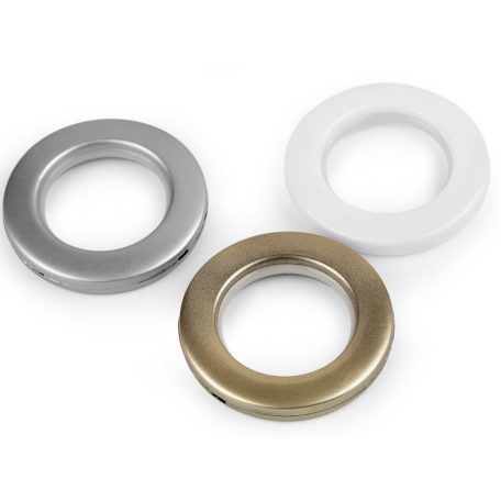 Függönykarika műanyag 42 mm belső, összepattintható, fehér, arany vagy ezüst. Rúdkarnishoz. 10 db/cs, Műanyag ringli karika 4,2 cm.