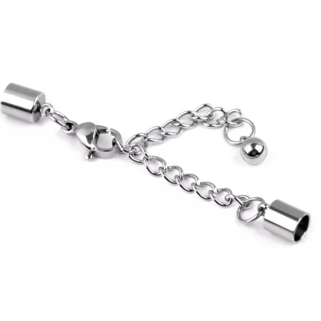 Delfin kapocs zsinórvéggel, lánccal  5 mm-es zsinórhoz. Rozsdamentes. 1 db