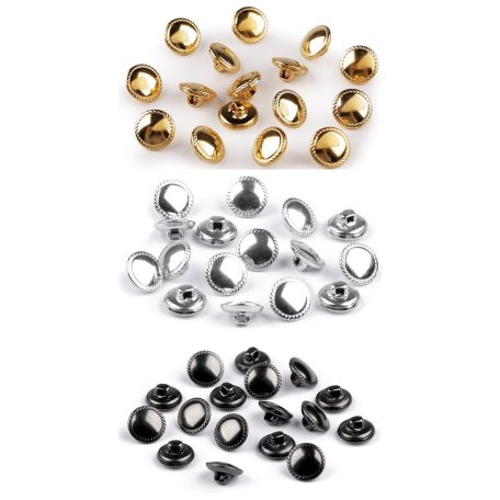 Dekoratív fém gomb, mintás lapos , 20-as (12,7 mm)  arany, ezüst vagy fekete hátul varró füles. 50 db/cs 