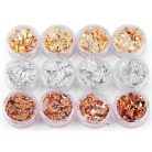 Metál fólia dekor pelyhek  4x3 szín, arany, ezüst bronzos szín egy dobozban.  