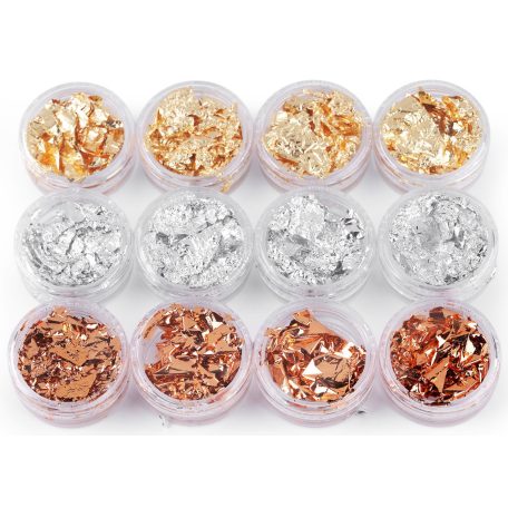 Metál fólia dekor pelyhek  4x3 szín, arany, ezüst bronzos szín egy dobozban.  