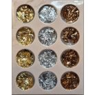 Metál fólia dekor pelyhek  4x3 szín, arany, ezüst bronzos szín egy dobozban.  