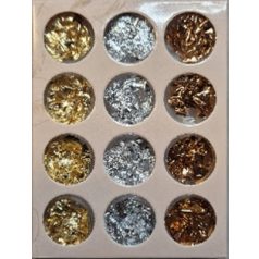   Metál fólia dekor pelyhek  4x3 szín, arany, ezüst bronzos szín egy dobozban.  
