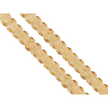 Leoni hullámos bortni szegő szalag, 14 mm széles, lurex arany színű. 18 m / tekercs. Paszomány szalag.