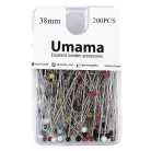 Gombostű üvegfejű színes mix. 38 mm hosszúságú 2,7 mm fejjel. UMAMA.  Vasalható, rozsdamentes. 200 db/doboz