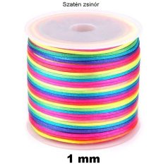   Szatén zsinór 1 mm-es, ékszerkészítő, multicolor szivárvány színű.  (30 méter/orsó )