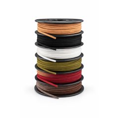   Velúrbőr szál, 3 mm x 2 mm szögletes, ecobőr nem fényezett, többféle színben;  30 méter/orsó 