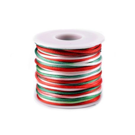Szatén zsinór 2 mm-es, tricolor, átmenetes színű, piros, fehér, zöld . 30 méter/orsó