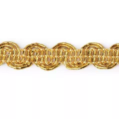   Leoni hullámos bortni szegő szalag, 10 mm széles, lurex arany vagy ezüst. 18 m / tekercs. Paszomány szegőszalag.