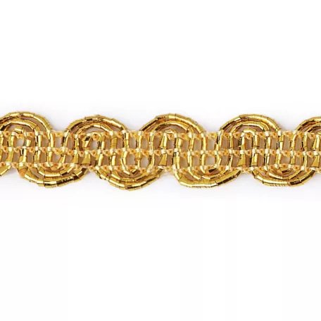 Leoni hullámos bortni szegő szalag, 10 mm széles, lurex arany vagy ezüst. 18 m / tekercs. Paszomány szegőszalag.