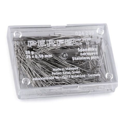 Acél gombostű 26 mm  x 0,5 mm-es, rozsdamentes. Kb. 440 db/doboz  PERFECT .Vékony Patchwork technikára alkalmas tű. 