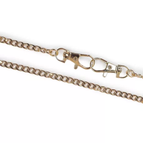 Rosegold fém lánc 2 karabínerrel, lapos 117 cm hosszú, 5 mm széles. Ruházati vagy táska dekorációs lánc. 55 gr.